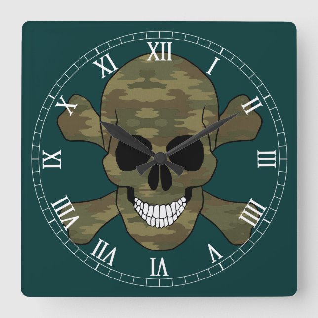 Camouflage Schädel und Knochenmark römische Numeri Quadratische Wanduhr (Vorderseite)