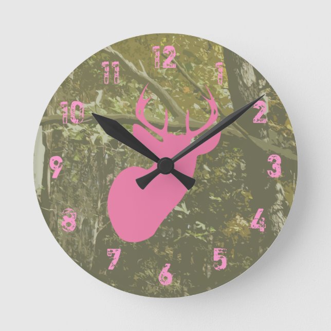 Camouflage u. rosa Rotwild-Uhr Runde Wanduhr (Vorderseite)