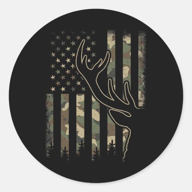 Camouflage Us Flag Elk Buck Camouflage Hirsche Jag Runder Aufkleber (Vorderseite)