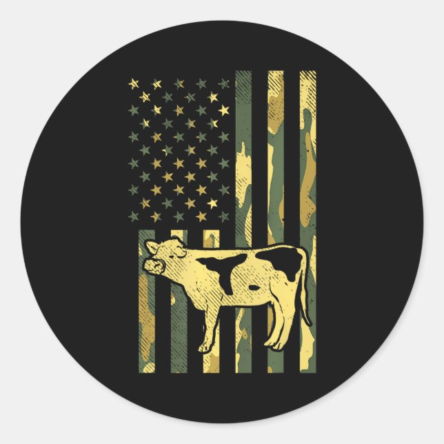Camouflage US-Flagge Kuh Militärfarm Animal Patrio Runder Aufkleber (Vorderseite)