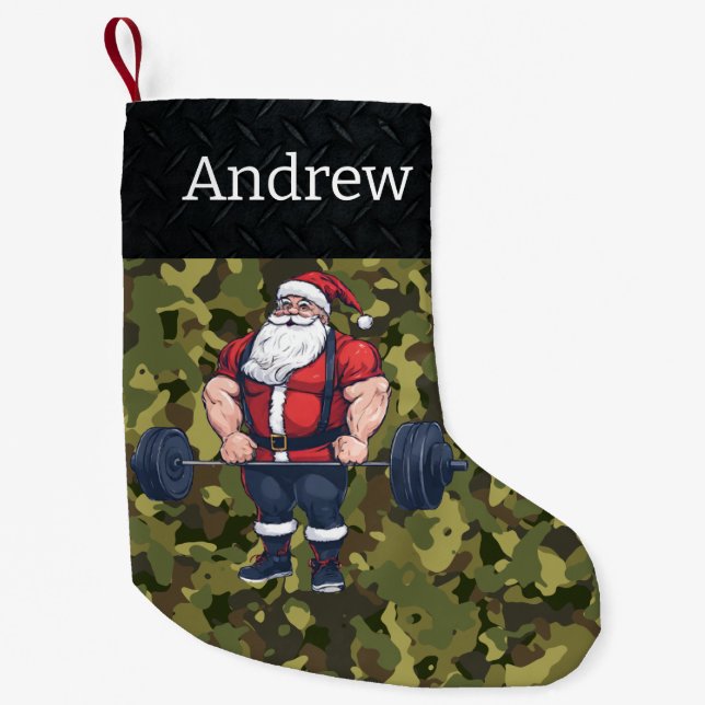 Camouflage Weightlift Santa Barbell Gym Coole Fitn Kleiner Weihnachtsstrumpf (Vorderseite)