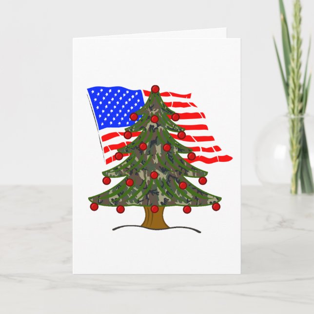 Camouflage Weihnachtsbaum mit amerikanischer Flagg Feiertagskarte (Vorderseite)