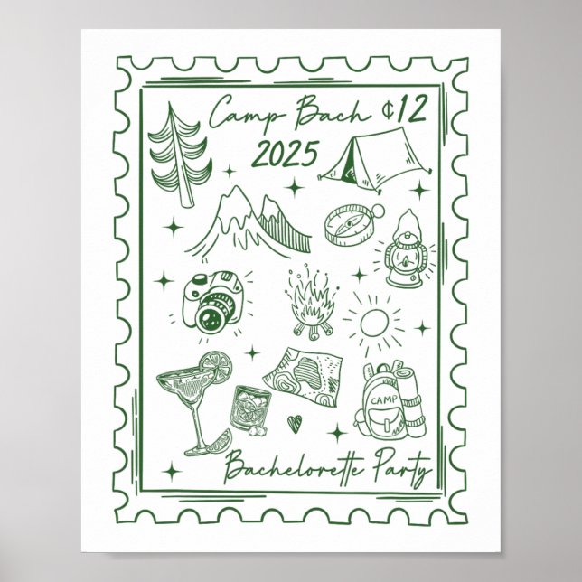 Camp Bach 2025 Team Bride Retro Camping Bacheloret Poster (Vorne)