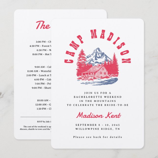Camp Bachelorette Bold Retro Mountain Wedding Einladung (Vorne/Hinten)