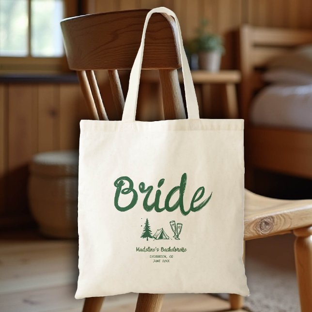 Camp Bachelorette Bride Hand Drawn schreiben grün Tragetasche (camp bachelorette bride tote bag handwriting hand written camping glamping hiking bach)
