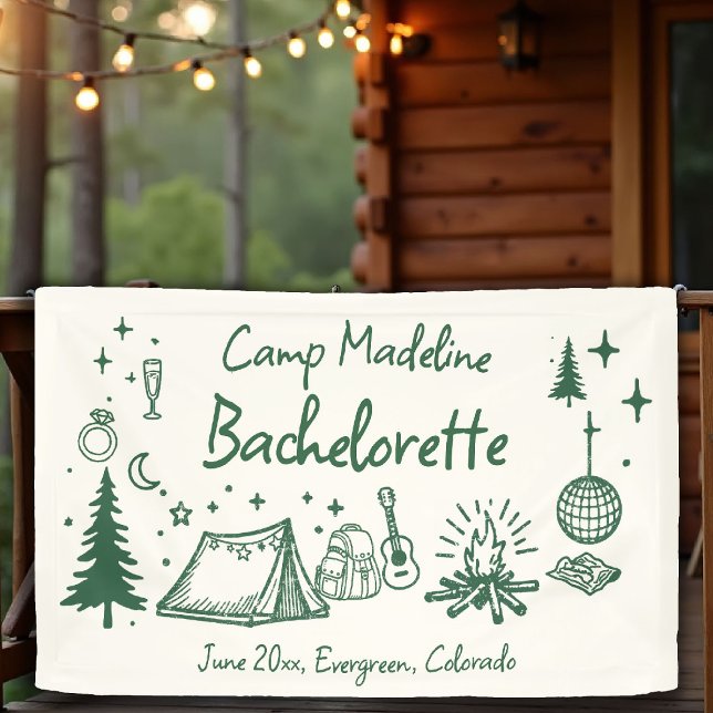 Camp Bachelorette Camping Handgezeichnet Schreiben Banner (camp bachelorette banner camping hand drawn written green forest moss girls trip bach)