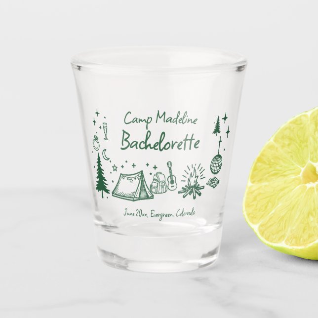 Camp Bachelorette Camping Handgezeichnet Schreiben Schnapsglas (Vorderseite)