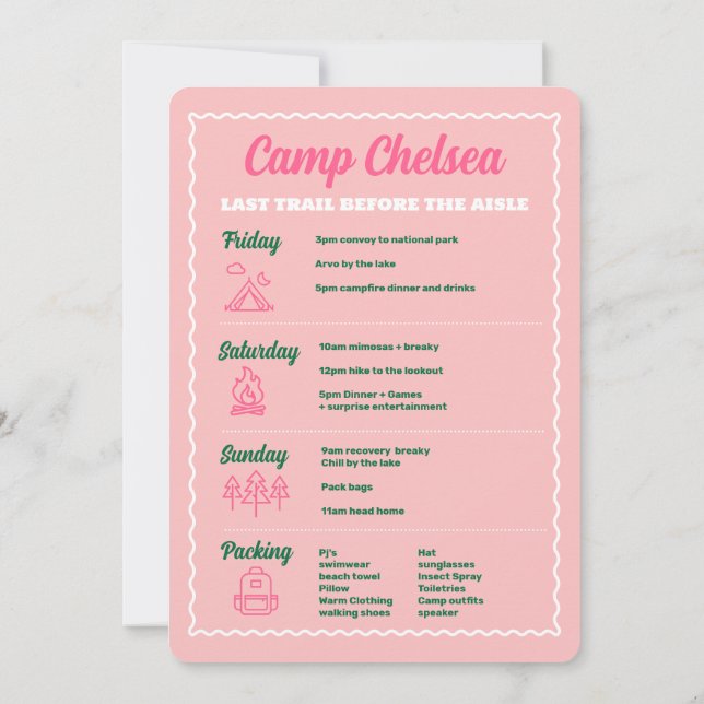 Camp Bachelorette Fête Week-end Away Invitation (Dos)