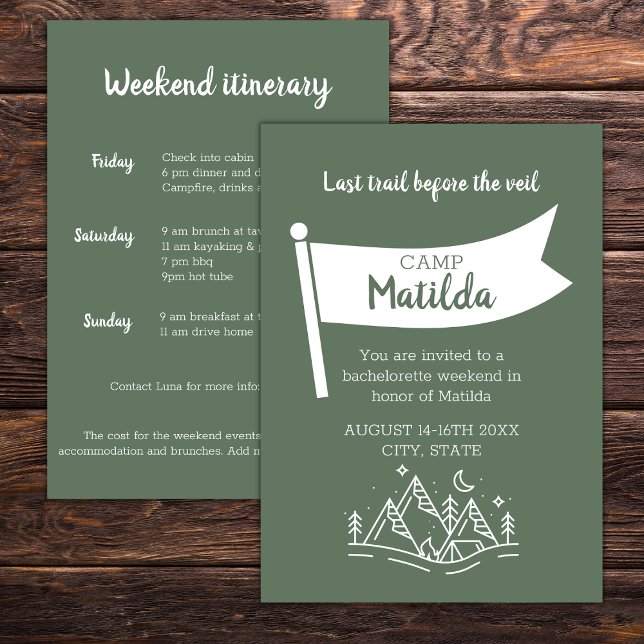 Camp Bachelorette Forest Green Weekend Itinerary Einladung (Camp bachelorette invitation forest green camp flag lake mountain woods outdoor bachelorette)