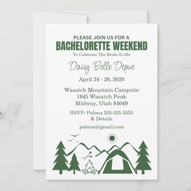 Camp Bachelorette Green Weekend Invitation (Devant)