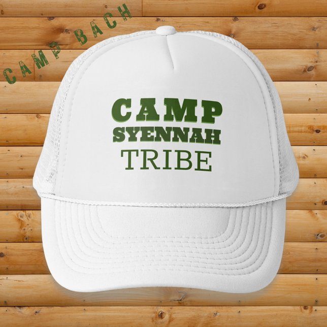 Camp Bachelorette Personalisiert Green Truckerkappe (Bold retro type in classic camp green. Add your custom text.)