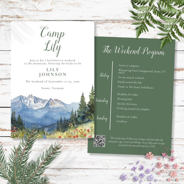 Camp Bachelorette Wandern am Wochenende Party Einladung (Camp Bachelorette Mountain Hiking Weekend Party Invitation)