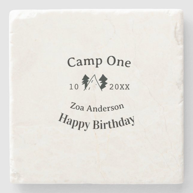 Camp einen glücklichen Geburtstag Name Datum Campi Steinuntersetzer (Vorderseite)