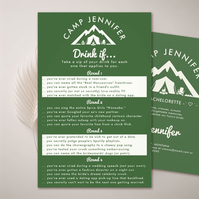 Camp-Junggeselinnen-Abschied-Spiel trinken, wenn F Flyer (camp bachelorette party forest green game drink if)