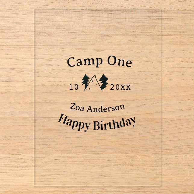 Camp one happy birthday name date campingadventure acryleinladungen (Vorderseite)