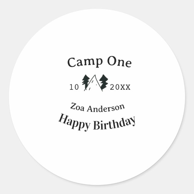 Camp one happy birthday name date campingadventure runder aufkleber (Vorderseite)