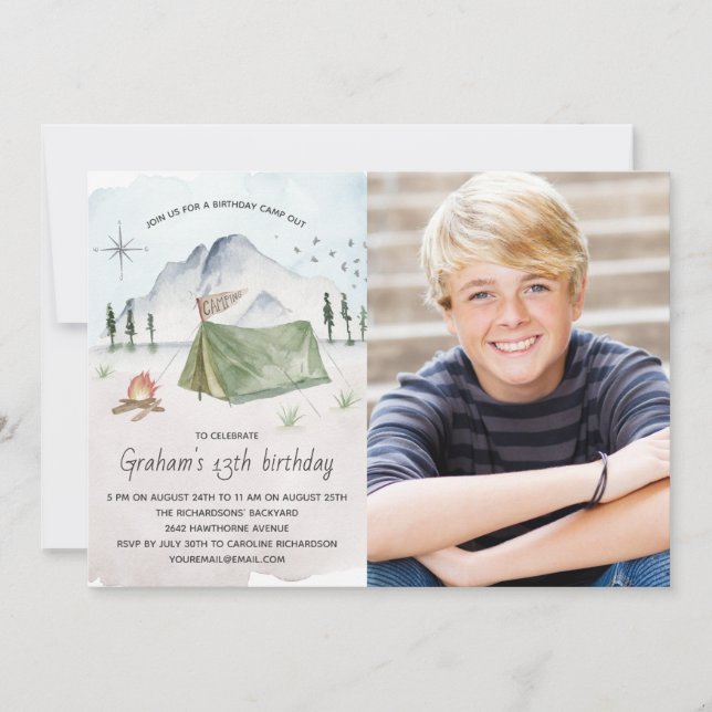 Camp Out Geburtstagsparty Foto Einladung (Vorderseite)