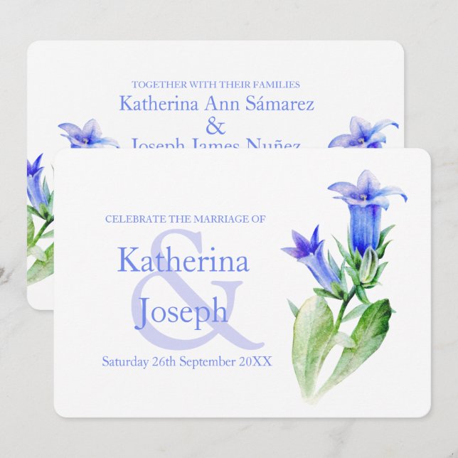 Campanula Blume Aquarellblau Hochzeit einladen Einladung (Vorne/Hinten)