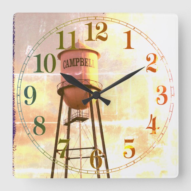 Campbell CA Historischer Wasserturm Wall Clock Quadratische Wanduhr (Vorderseite)