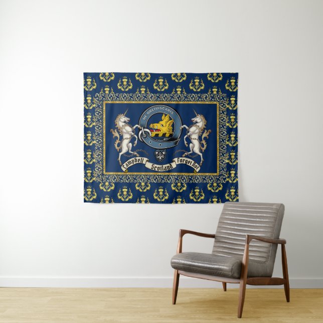 Campbell Clan Abzeichen & Motto w/Unicorns Wandteppich (Beispiel (Horizontal))