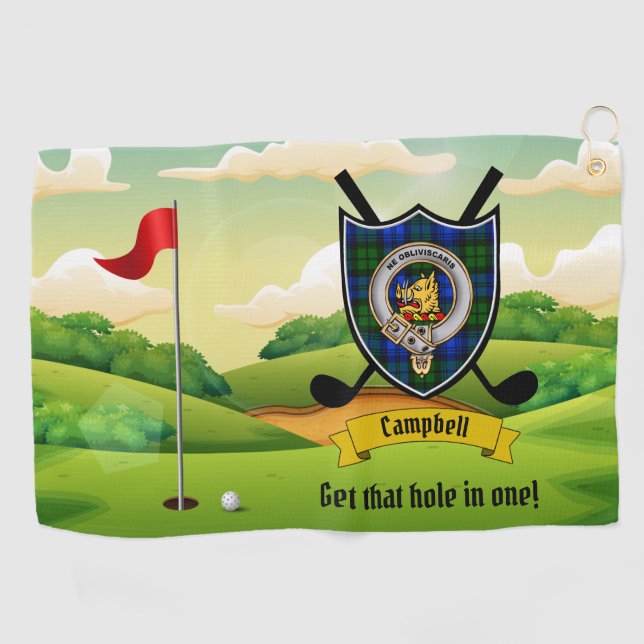 Campbell Clan Abzeichen & Tartan Personalisiert Golfhandtuch (Horizontal)