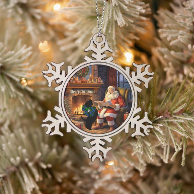 Campbell Scottie Dog & Santa Personalisiert Schneeflocken Zinn-Ornament (Baum)