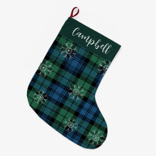 Campbell Tartan Green Blue Snowflakes Rustikal Kar Großer Weihnachtsstrumpf