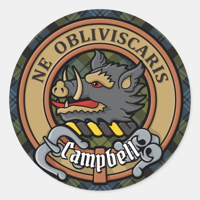 Campbell Wappen über Tartan Runder Aufkleber (Vorderseite)