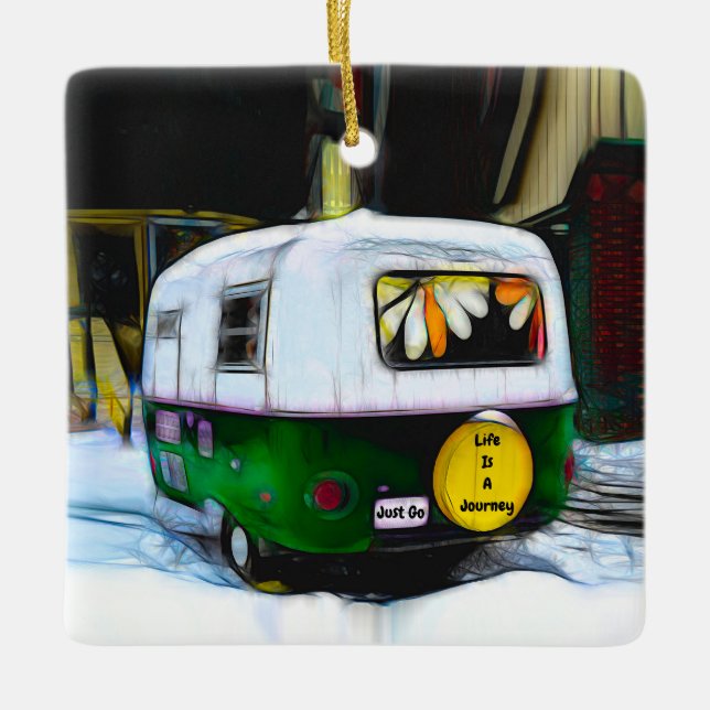 Camper Hippie Life ist eine Reise zu gehen Retro Keramikornament (Vorderseite)