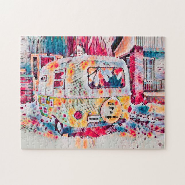 Camper Hippie Retro Road Trip zum Glück Freiheit (Horizontal)
