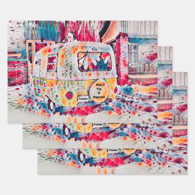 Camper Retro Hippie Road Reise zum Glück Freiheit Geschenkpapier Set (Set)