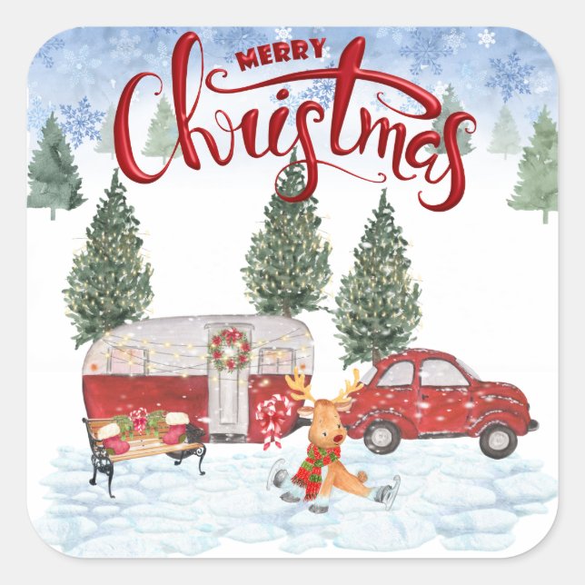 Camper Weihnachtsaufkleber Quadratischer Aufkleber (Vorderseite)