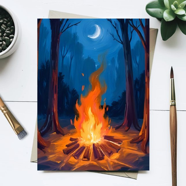 Campfire Moon | Nature Watercolor Painting Postkarte (Von Creator hochgeladen)