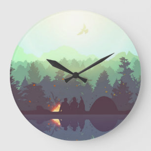 Camping Adventure Forest Mountain Illustration Große Wanduhr