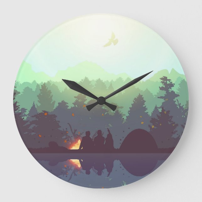 Camping Adventure Forest Mountain Illustration Große Wanduhr (Vorderseite)