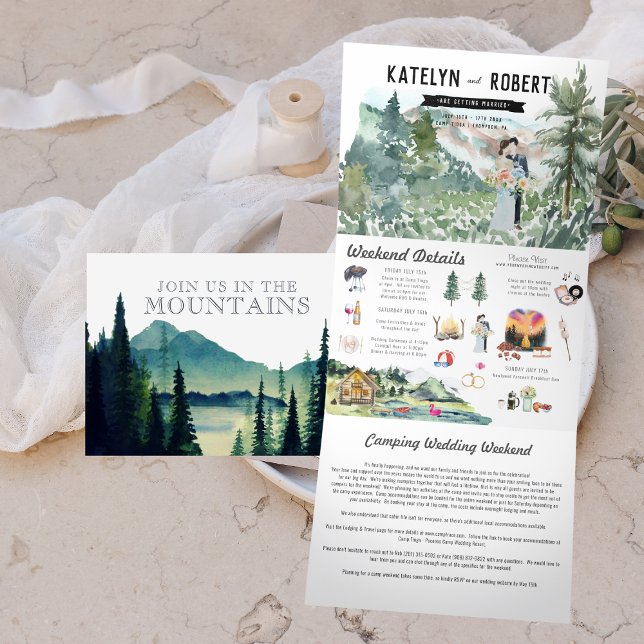 Camping am Seeufer | Illustrierte Hochzeit Dreifach Gefaltete Einladung (Von Creator hochgeladen)