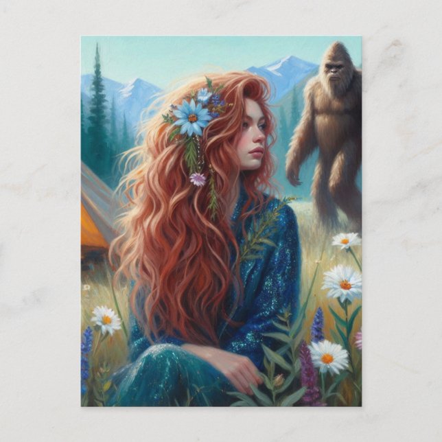 Camping auf der Wiese mit Sasquatch Postkarte (Vorderseite)