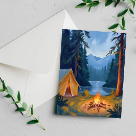 Camping-Ausflug Wald Lagerfeuer Zelt Aquarellkarte