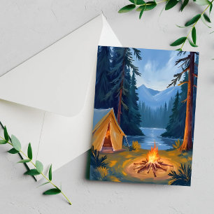 Camping-Ausflug Wald Lagerfeuer Zelt Aquarellkarte