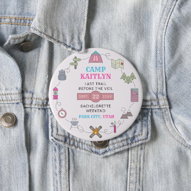 Camping Bach Junggesellinnen-Abschiedsparty-Gesche Button (Beispiel)