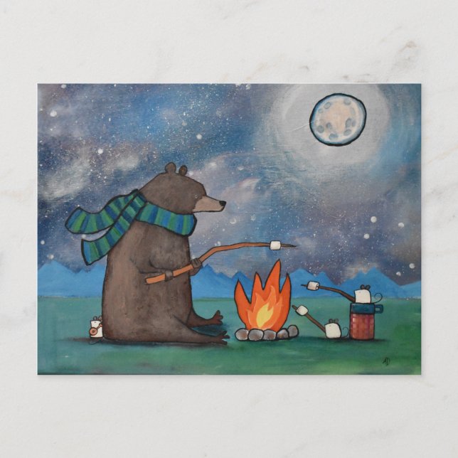 Camping Bären und Mäuse Roasting Marshmallows Postkarte (Vorderseite)
