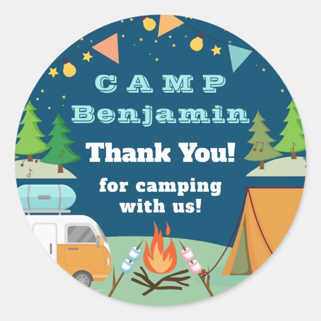 Camping Birthday Camp Party Vielen Dank Runder Aufkleber (Vorderseite)