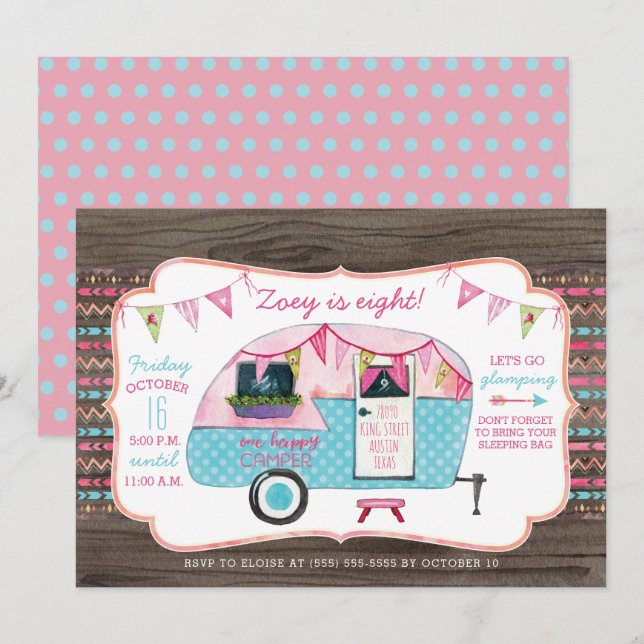Camping Birthday Party Einladung - Girl Glamping (Vorne/Hinten)