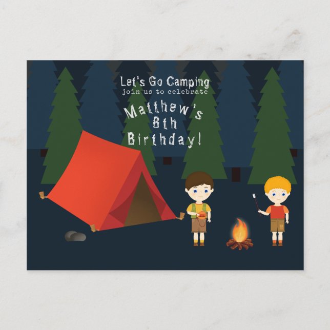 Camping Birthday Party Einladungspostkarte (Vorderseite)