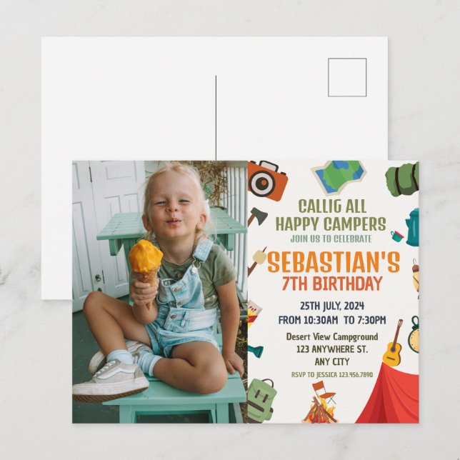 Camping Birthday Party Foto Postkarte (Vorne/Hinten)