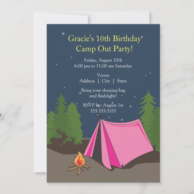 Camping Birthday Party | Mädchen Einladung (Vorderseite)