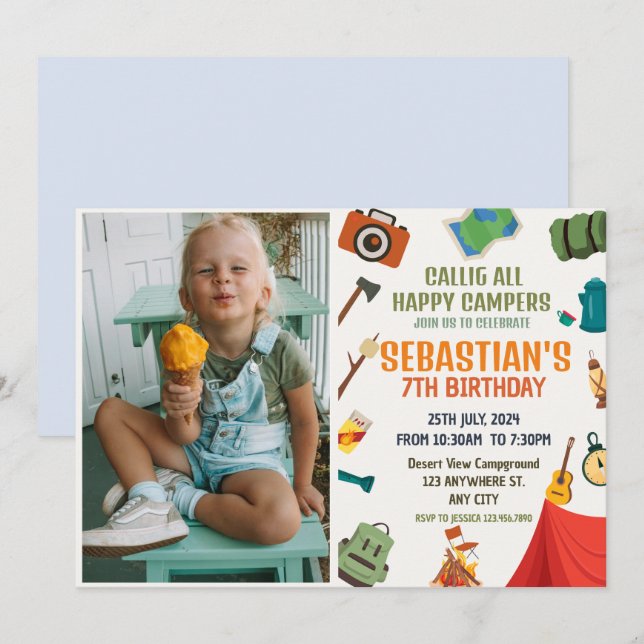 Camping Birthday Party Moderne Kinder Einladung (Vorne/Hinten)