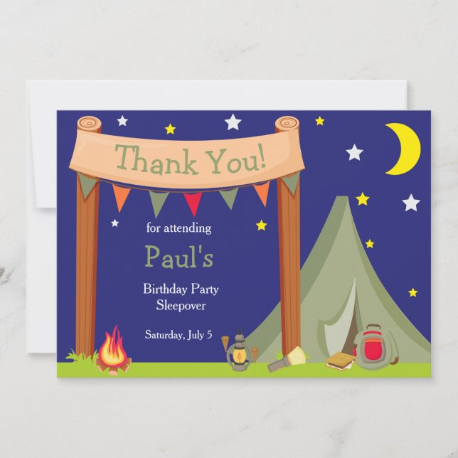 Camping Birthday Party Sleepover Khaki Green Dankeskarte (Vorderseite)