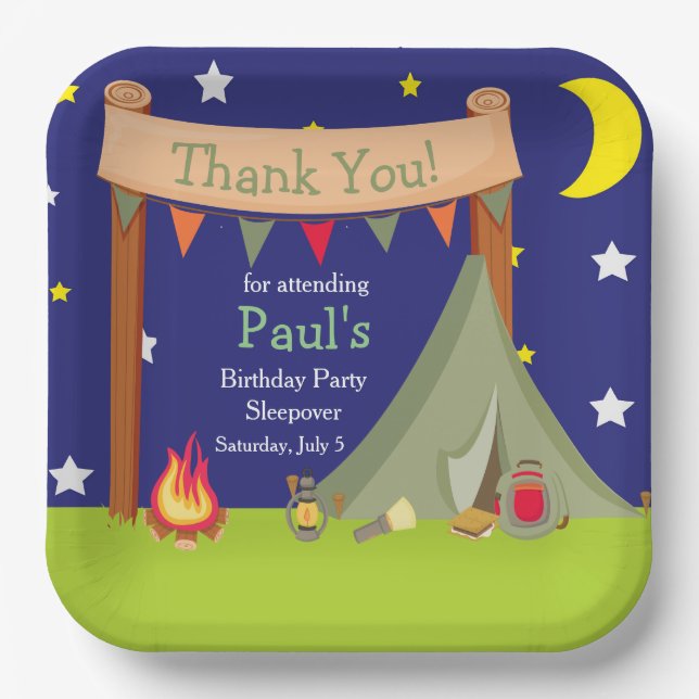 Camping Birthday Party Sleepover Khaki Green Pappteller (Vorderseite)