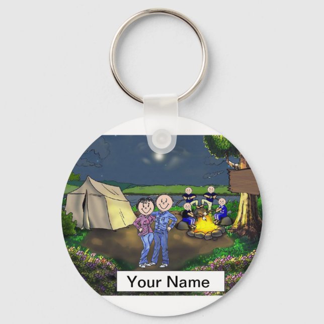 Camping Couple, Four Children Cartoon Schlüsselanhänger (Vorderseite)